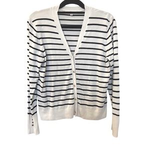 Cleo Sweater Cardigan Striped White and Blue Size Large Gold Button